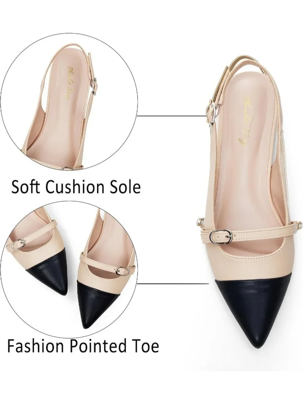 Women's Black Nude Slingback Flats With Rhinestone Pointed Toe Backstrap Shoes